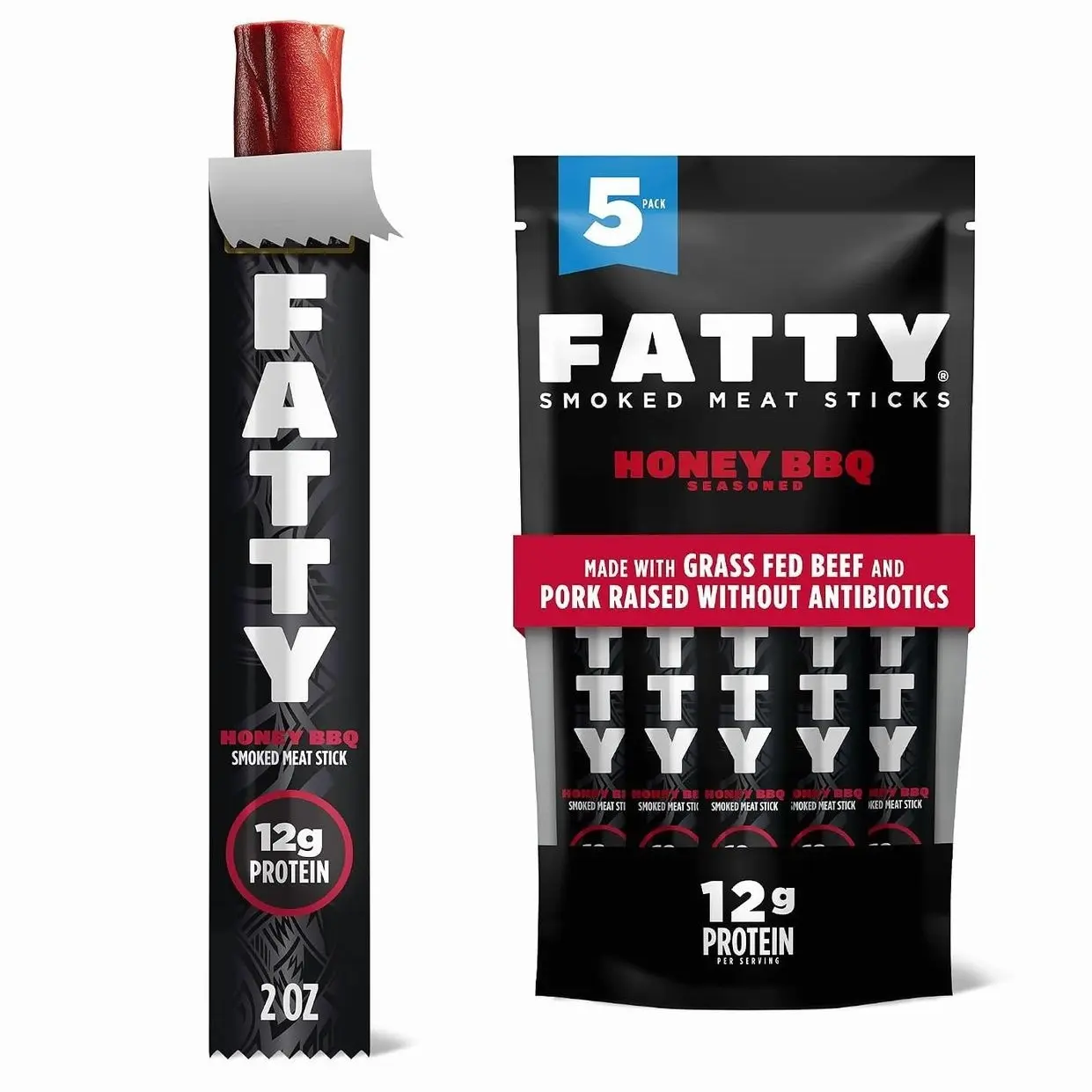 FATTY Meat Sticks, Made with Grass Fed Beef, Pork Raised Without Antibiotics, 12g Protein Per Stick, Honey BBQ, 2 oz. (Pack of 5)