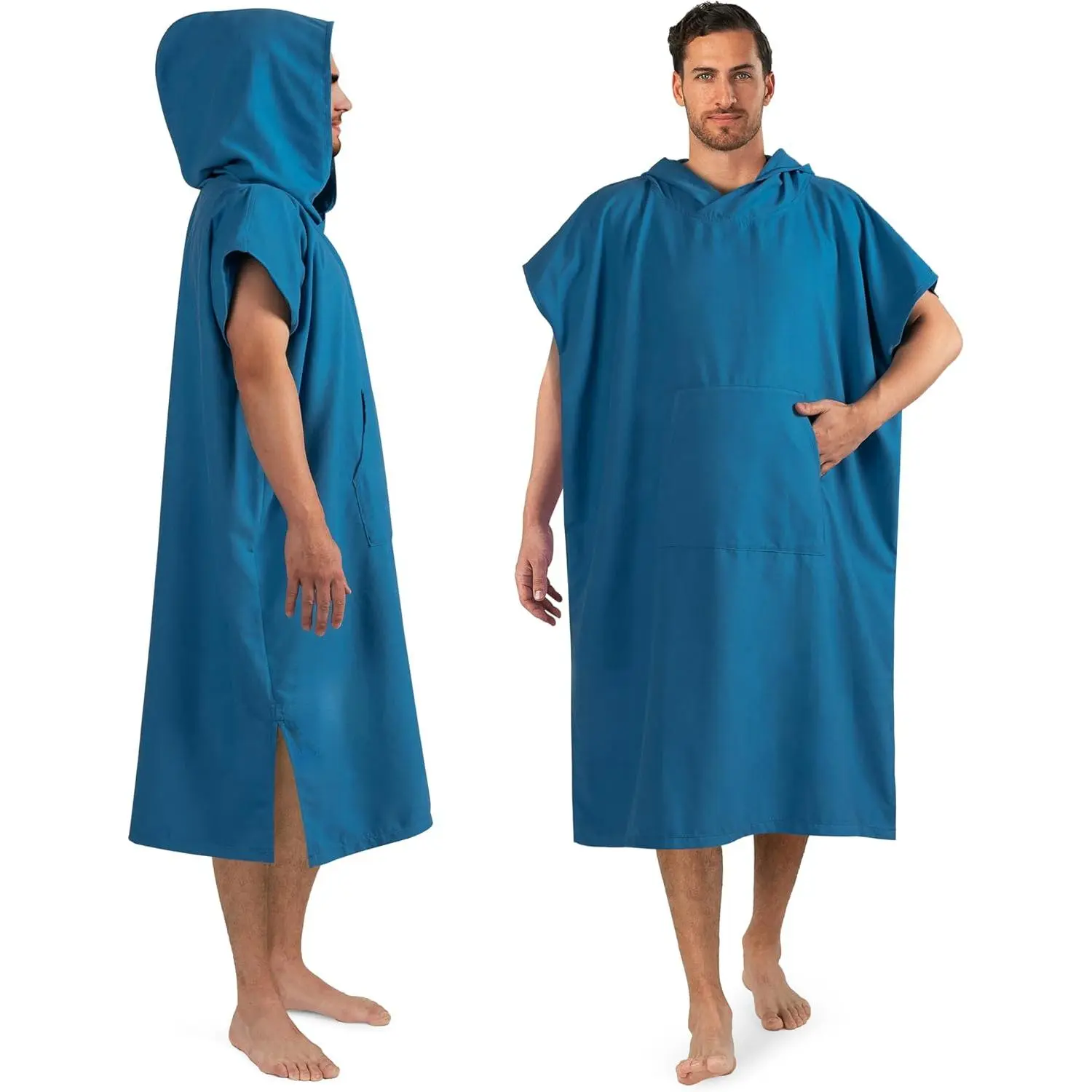 Surf Poncho Changing Robe with Hood, Quick Dry Microfiber Wetsuit Changing Towel  Surfing Beach Swim Outdoor Sports Men, Absorbent Wearable Towel Cover Up with Pocket, Turquoise Sea Blue