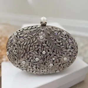 Silver Mother of Pearl Bridal Clutch | Brass Floral Evening Bag