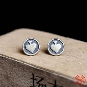 Personalized 925 Sterling Silver Earrings Men Women Black Heart Stud Earrings Street Punk Hip-Hop Jewelry