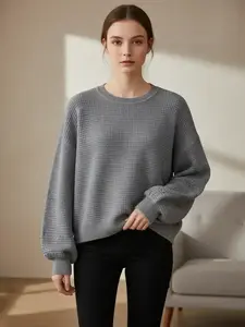 Women's Oversized Lantern Sleeve Crew Neck Pullover Sweater, Casual Loose Knit Jumper Top, Autumn & Winter Clothes, Knitwear, Womenswear