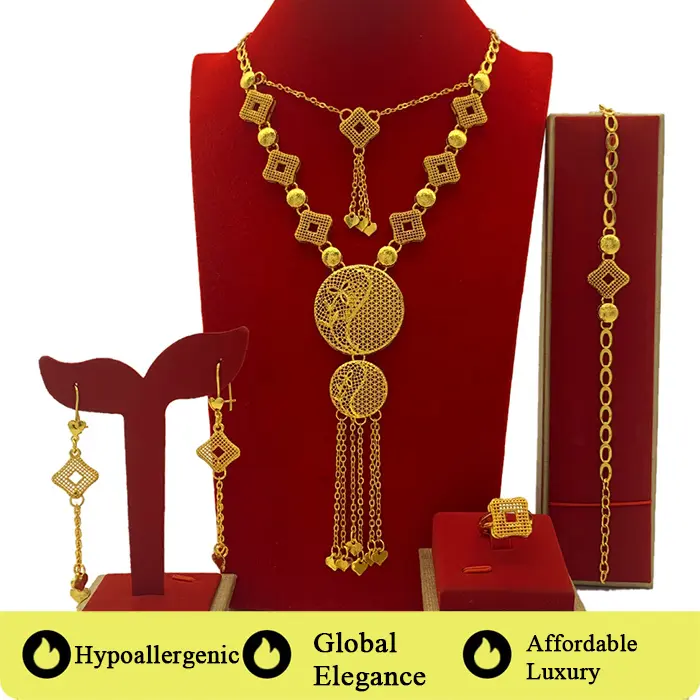 High-Quality Traditional Gold-Plated Vietnamese Bridal Jewelry Set - Charm Necklace, Earrings, Bracelet, Ring for Wedding Outfits, Gold Bridal Jewelry Set Gold Chain Set