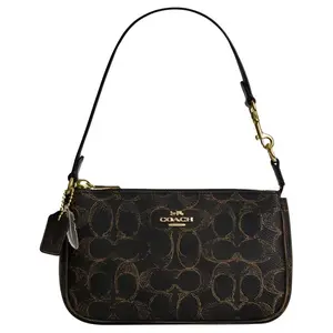 COACH Nolita 19 Classic Monogram Zip Top Feather Charm Crossbody Bag for Women, Small, Black and Brown