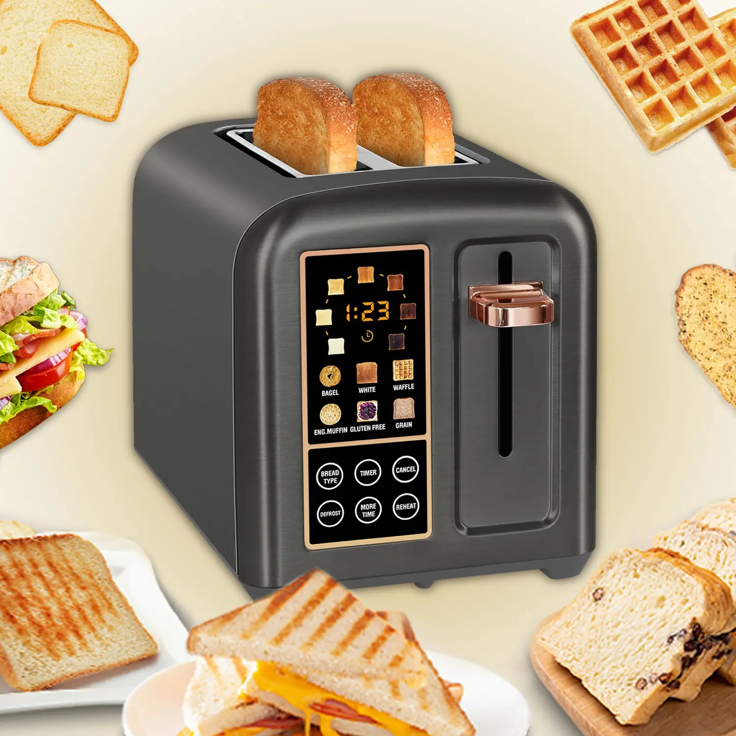 Toaster 2 Slice, Stainless Bread Toaster Touch LCD Display, 50% Faster Heating Speed, 1.4'' Extra Wide Slots Toaster with 4 Basic+More Timer Functions
