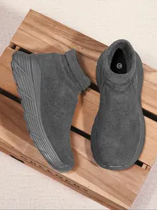 Women's Solid Color Slip on Chunky Thick Sole Sneakers, Casual Comfortable Mid Top Sock Boots, Fashionable Sneakers for Fall & Winter, Dark Gray, Trainer