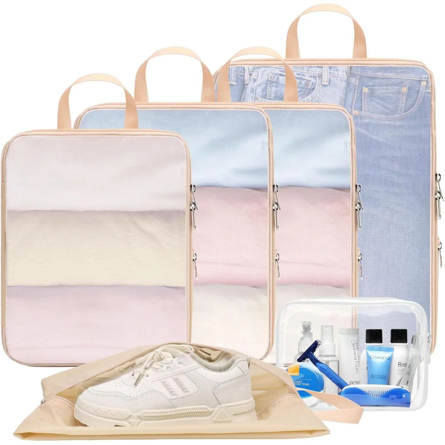 Cambond See Through Mesh Compression Packing Cubes - 6 Set Packing Cubes for Travel, Lightweight Travel Essentials Luggage Packing Organizer Travel Bags for Suitcases with Shoe Bag