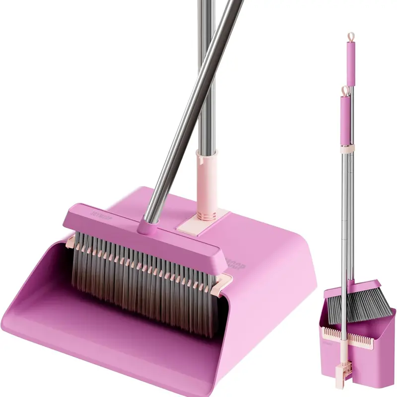 JOYMOOP 60" Extra-Tall Upright Foldable Long-Handled Broom and Dustpan Combo Set - Sturdy Polyester Cleaning Supplies, Space Saver with Built-in Comb Teeth, Angle Design, Black/Pink Broom & Brush for Home, Pet Hair, Hardwood Floors