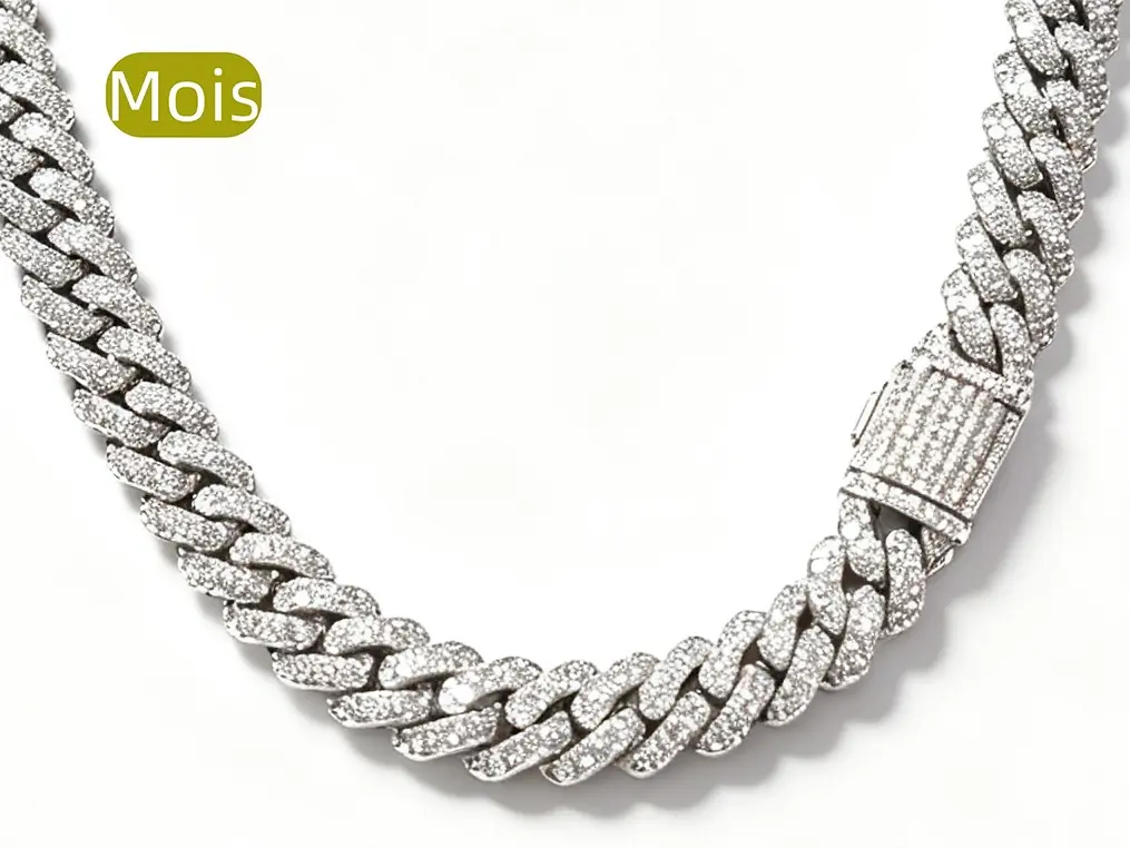 7.SPACEICE 12mm Moissanite 2-Rows Settings Cuban Chain,Iced Out Miami Cuban Necklace,VVSI D1 Miosy,18K real gold plated,Hip Hop Bling Chain with Secure Moissanite Clasp