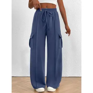 [Plus Size] Solid Drawstring Waist Cargo Pants, Casual Elastic Waist Pocket Trousers Women, Women's Bottoms Fall & Winter