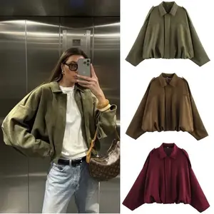 Spring new women's suede texture effect Loose version of fashion lapel shoulder bomber jacket Long Sleeve Womenswear