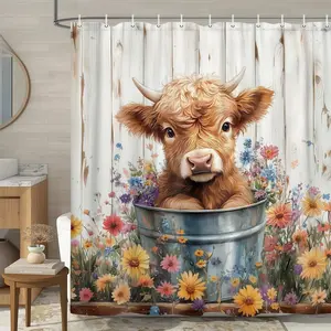 Cow Shower Curtain, Farmhouse Rustic Floral Funny Highland Cow Shower Curtains for Bathroom, Western Cute Calf Country Farm Animal Bathroom Decor, with Hooks, Surreal Bathroom Curtain