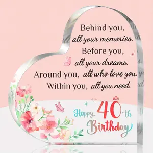 Happy 40th Birthday Acrylic Gift, 1 Count Heart Shaped Acrylic Gift with Protective Film, Personalized Plaque, Desktop Signs Plaques Decorations for Party Festival Office Home