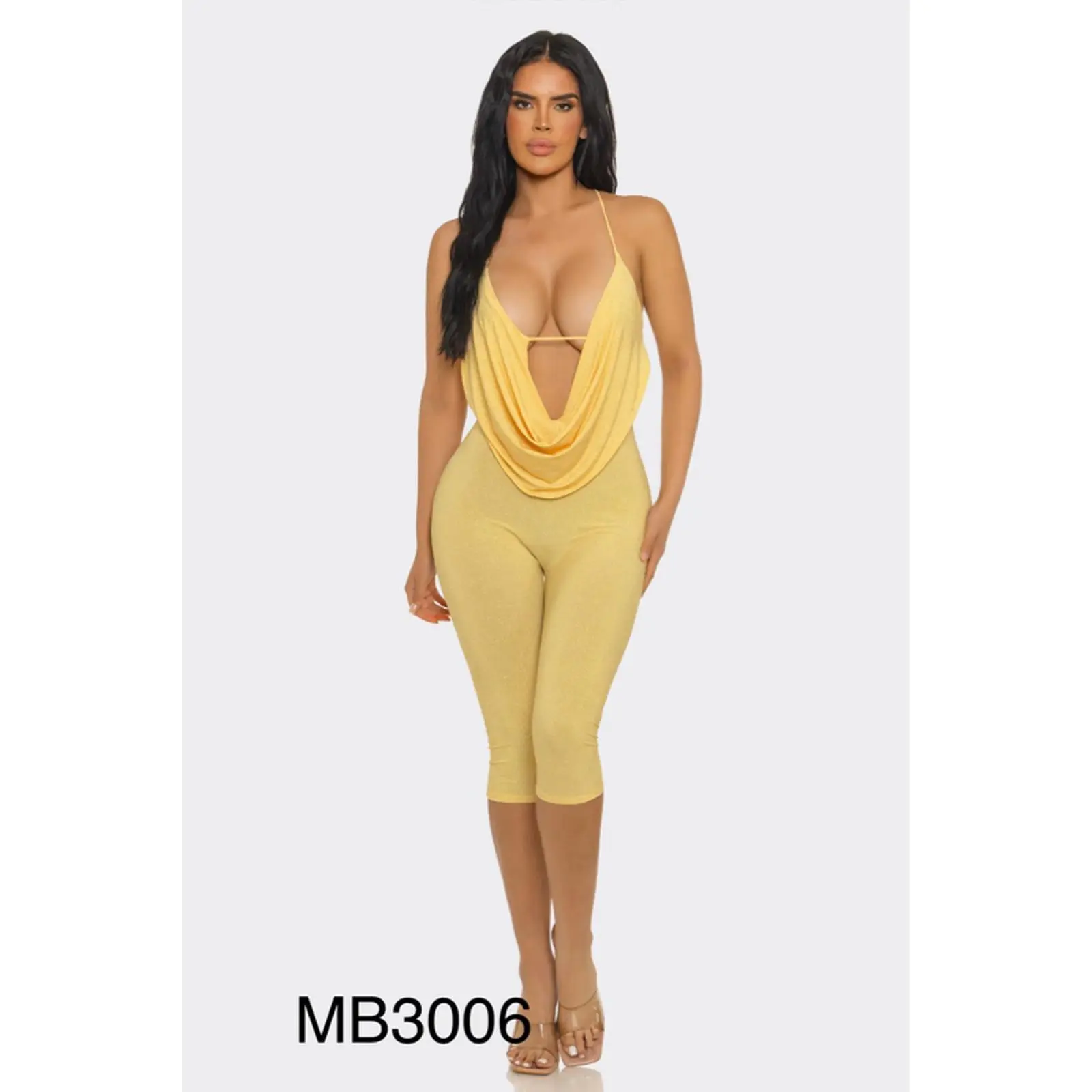 Two Piece Halter Top with Capri Pants Shimmery Fabric Set for Women