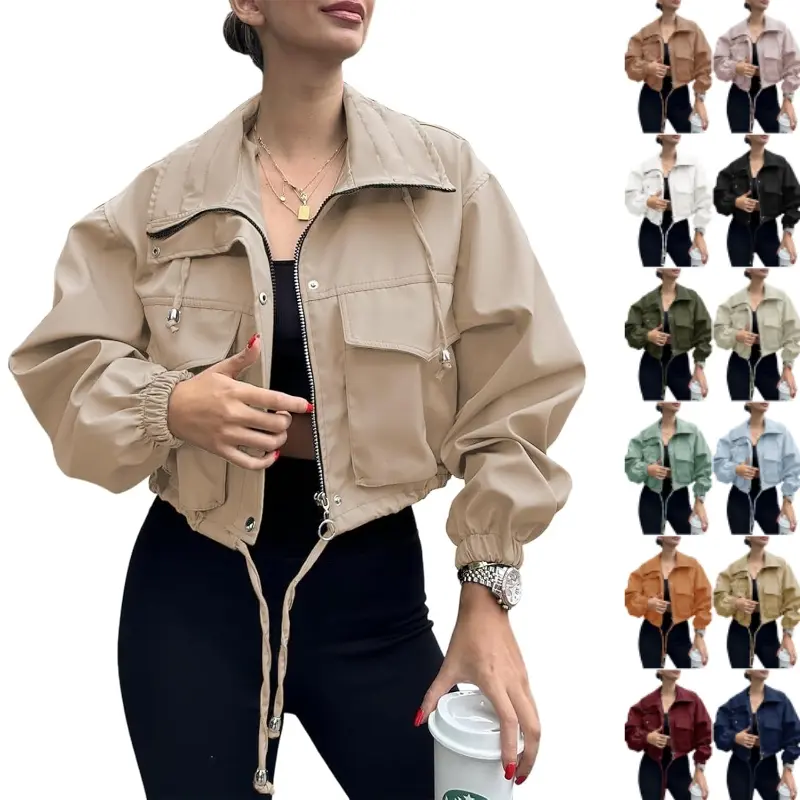 ARTFREE Womens Cropped Jacket Zip Up Lightweight Oversized Utility Anorak Coat with Pockets