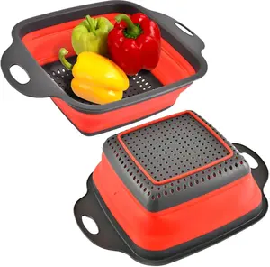 Red Square Silicone Collapsible Colander with Handles – Foldable Kitchen Strainer for Draining Pasta Vegetables and Fruit High-Quality Silicone & PP Material Heat-Resistant Up to 248ºF