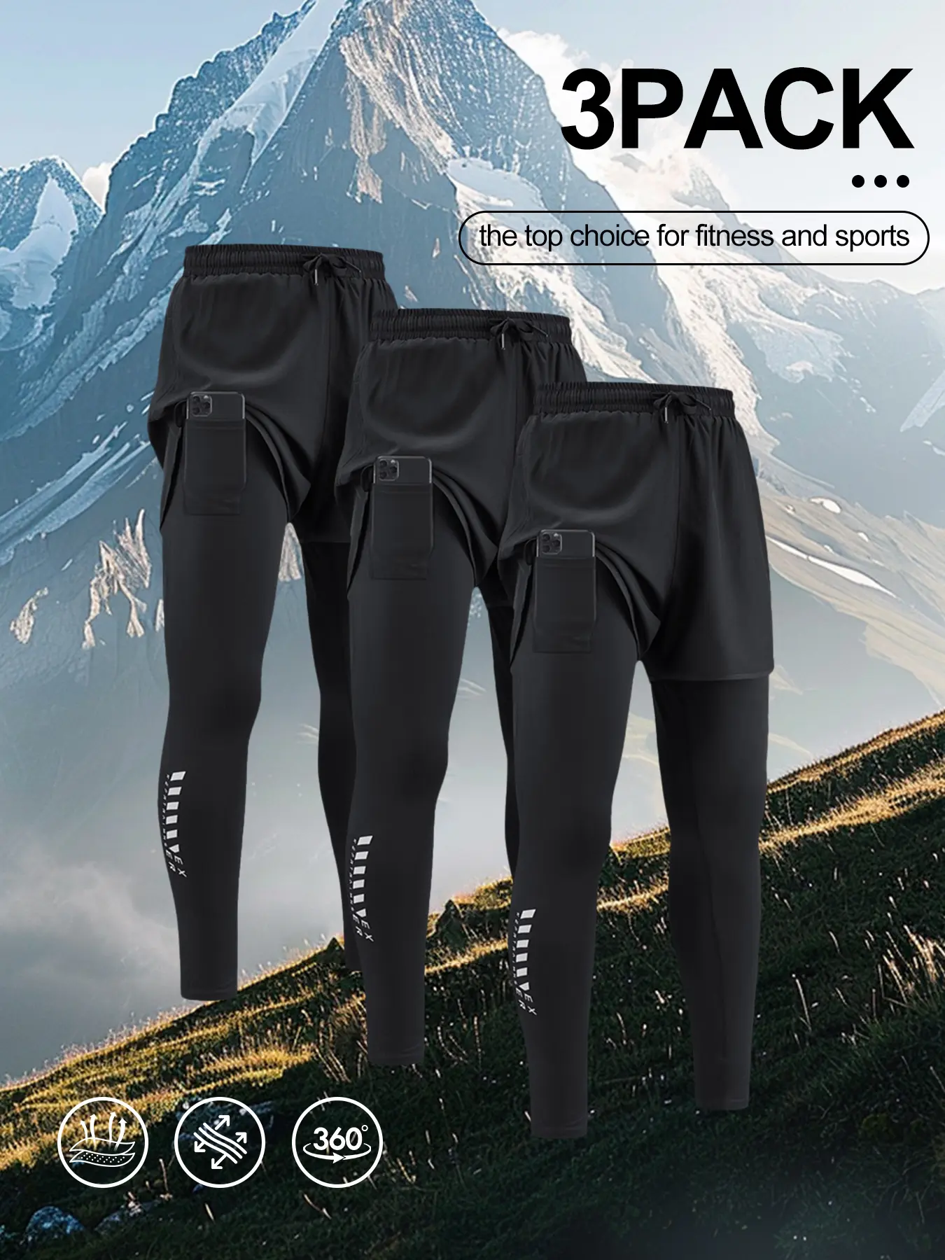 Men 3-Pack 2-in-1 Compression Sport Pants Lightweight Stretch Breathable Workout Leggings with Cell Phone Pockets for Jogging Fitness