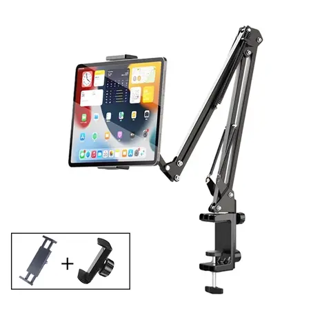PIVOTVAULT Ultra Sturdy Dual-Clamp Enamel Steel Gooseneck Design Desk Mount - Adjustable Tablet Stand/Phone Holder for 4-12.9 inches Smartphones, iPad/iPhone, Kindle, Stand Accessory for iPhone Users