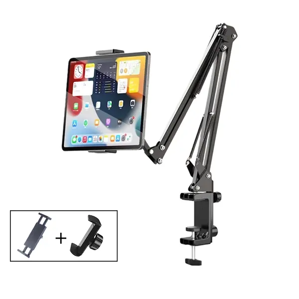 PIVOTVAULT Ultra Sturdy Dual-Clamp Enamel Steel Gooseneck Design Desk Mount - Adjustable Tablet Stand/Phone Holder for 4-12.9 inches Smartphones, iPad/iPhone, Kindle, Stand Accessory for iPhone Users