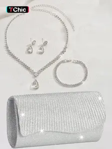 Elegant Sparkling Dazzling Shimmering Solid Color Ladies' Evening Bag with Shoulder Chain, Elegant Stylish Purse, Party Ladies' Matching Bag Set: Clutch Bag, Rhinestone Earrings, Necklace & Bracelet, Set of 4, Polished Look