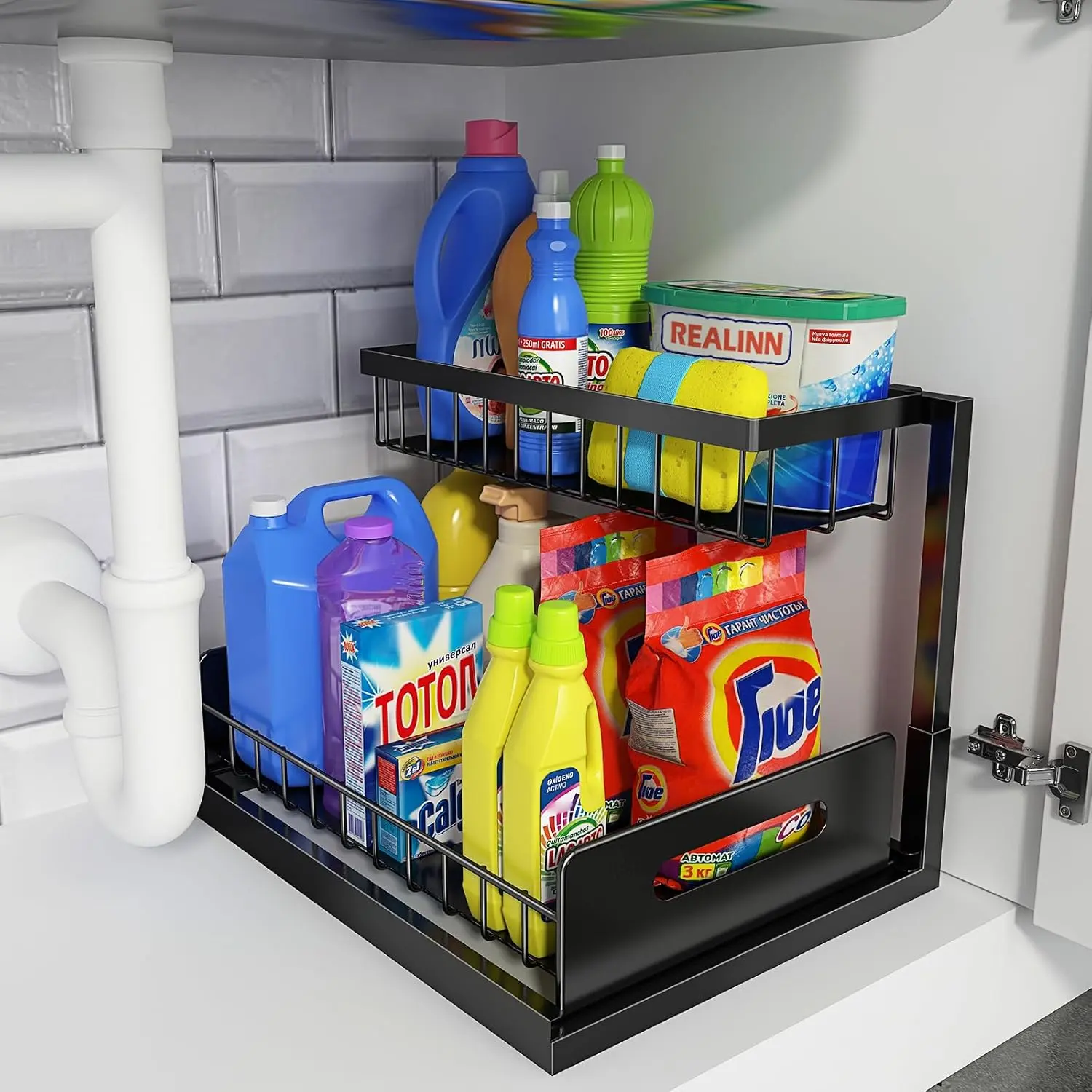 Under Sink Organizer, Pull Out Cabinet Organizer, 2 Tier Metal Slide Out Shelf with L Shaped Design for Kitchen, Bathroom, Laundry, and Utility Cabinet Storage for Deep Cabinets