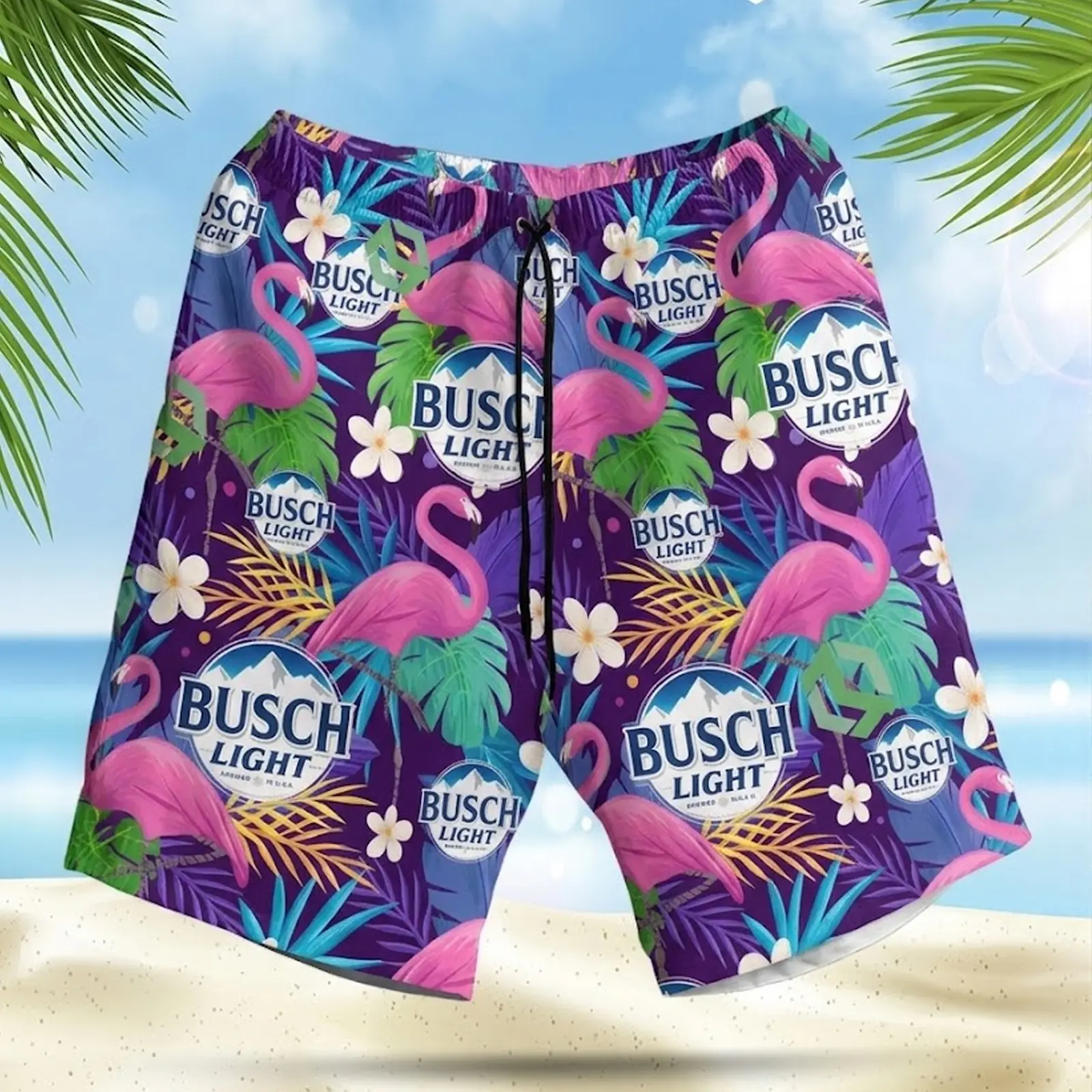 Mens Pink Flamingo Purple Swim Trunks | Vintage Mountain Beer Graphic Beach Shorts | Tropical Palm Leaf Neon Summer Board Shorts