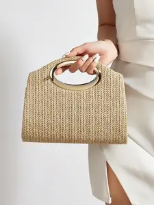 Women's Straw Tote Bag, Fashion Round Metal Handle Design, Summer Vacation Style, Simple and Versatile, Boho Handbag, Handcrafted Basket Purse
