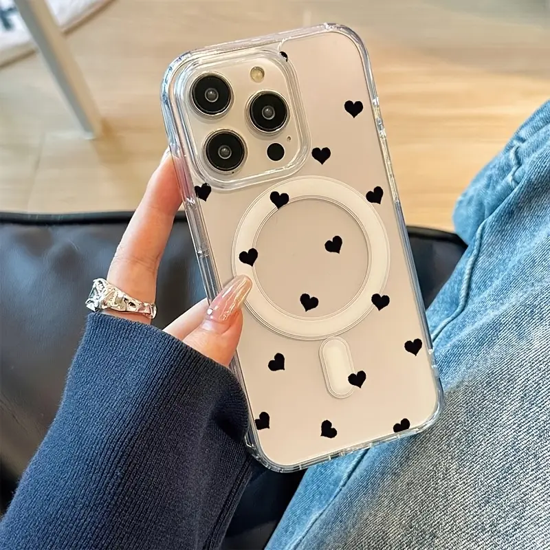Black Heart-Shaped Magnetic Phone Case for iPhone 15 Plus 16 Pro Max 14 13 12 11 Pattern Full Body Protection Anti-Scratch PC Smartphone Cover