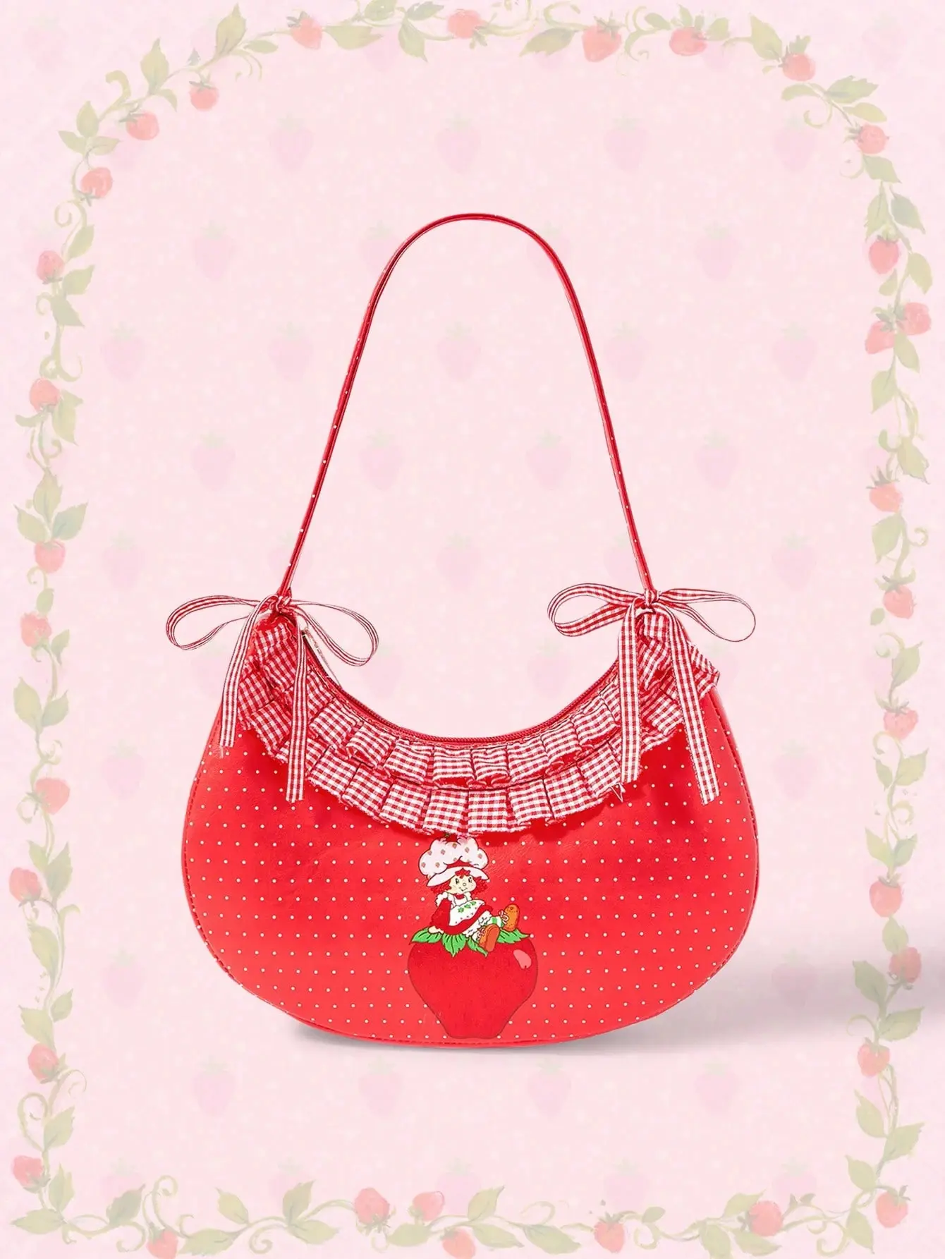 Strawberry Shortcake Women's Casual Ruffle Shoulder Bag - Fashionable Unique Bags with Strawberry Print and Polka Dot Design, Casual Shoulder Bag