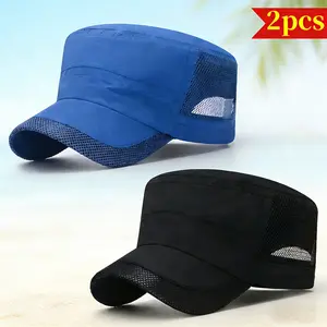 (Set of 2) Men's Lightweight, Breathable Mesh Flat-Top Caps – Quick-Drying Summer Sun Protection Hats | Spring/Summer Outdoor Military-Style Caps