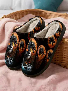 ✨Black Dragon Flame Fuzzy Thick Bottom Slippers 1 Pair Dark Fantasy Cool Style, Plush Warm + Non-slip Thick Sole + Comfortable Fuzzy Lining, Perfect for Dark Fantasy Enthusiasts & Cool Style Lovers in Winter Home Wear🔥