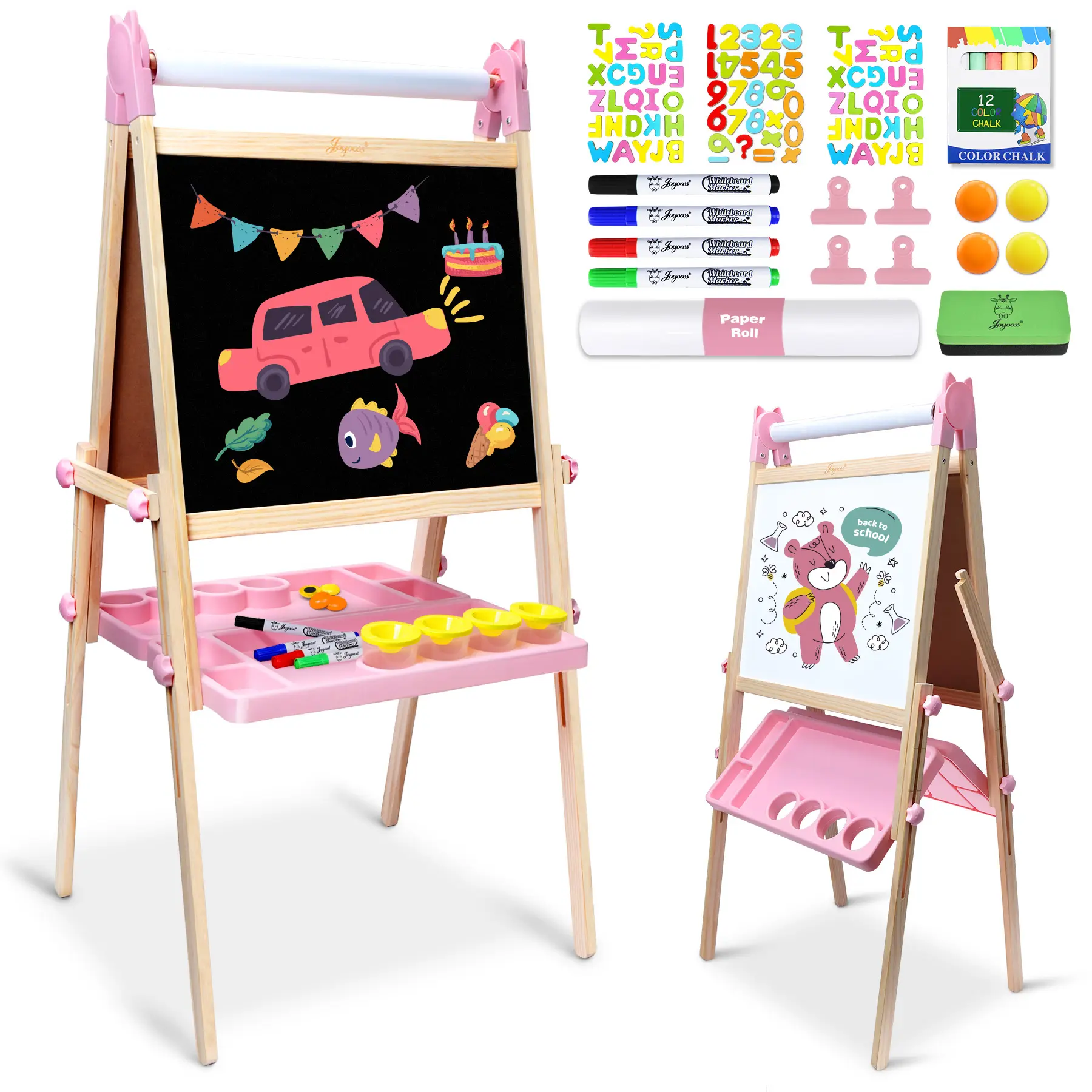 JOYOOSS Easel for Kids Ages 4-8 Easels for Toddlers Art Kids Easel Age 8-12 Wooden Drawing Easels Double-Sided Magnetic Whiteboard Chalkboard with Paper Roll for Kid Dry Erase Board Pink