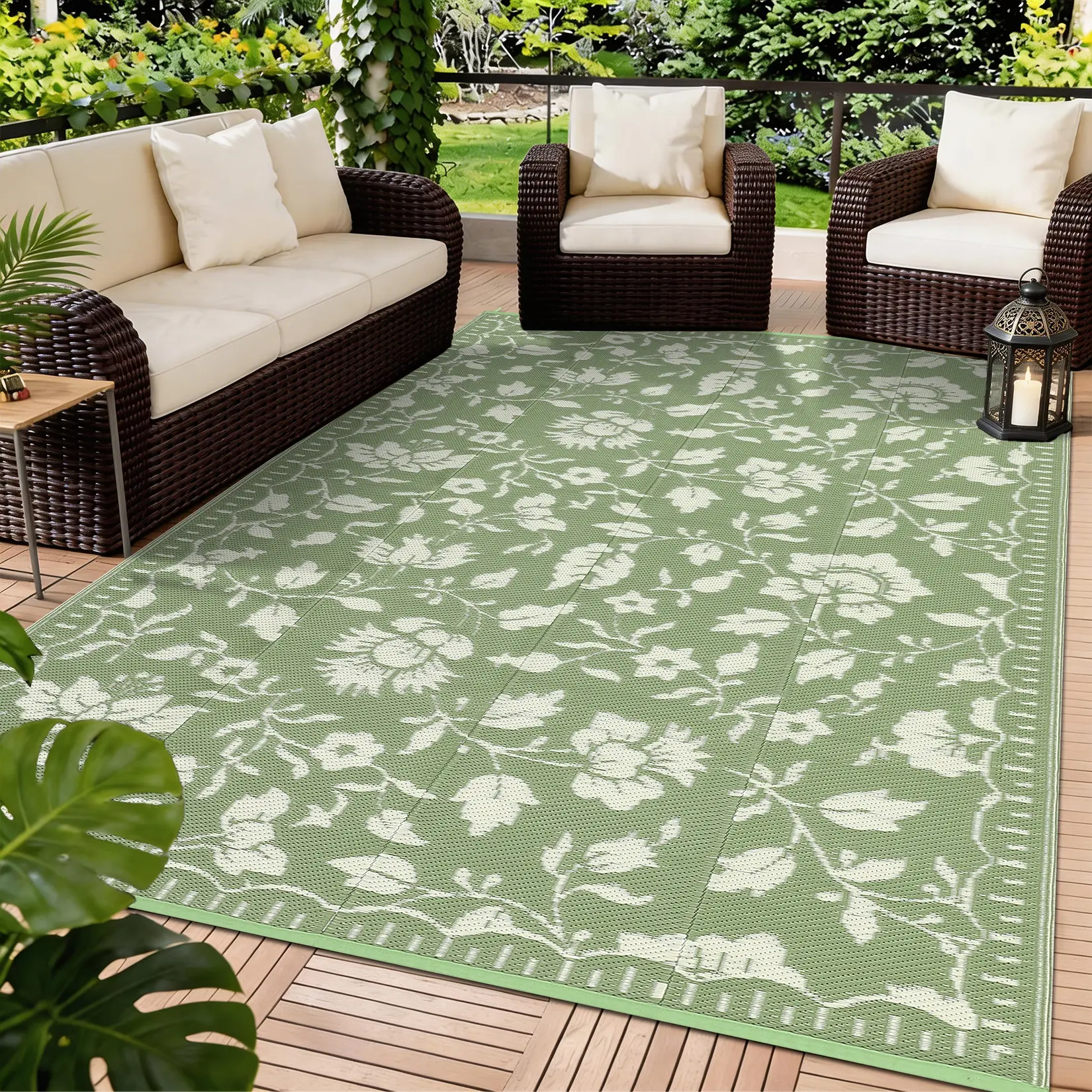 Double-Sided Reversible Vintage Floral Outdoor Rug, Waterproof Plastic Straw Foldable Rug with Portable Carry Bag, Easy to Carry Patio Rug for Balcony, Beach, Poolside & Picnic