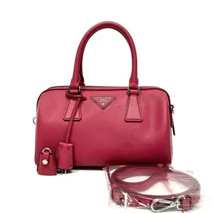 Pre-owned PRADA Cross Embossed Mini Boston Handbag, Cowhide, Base Length 23, Fuchsia, N22636729, Accessories: Strap, Lock, Keys hd