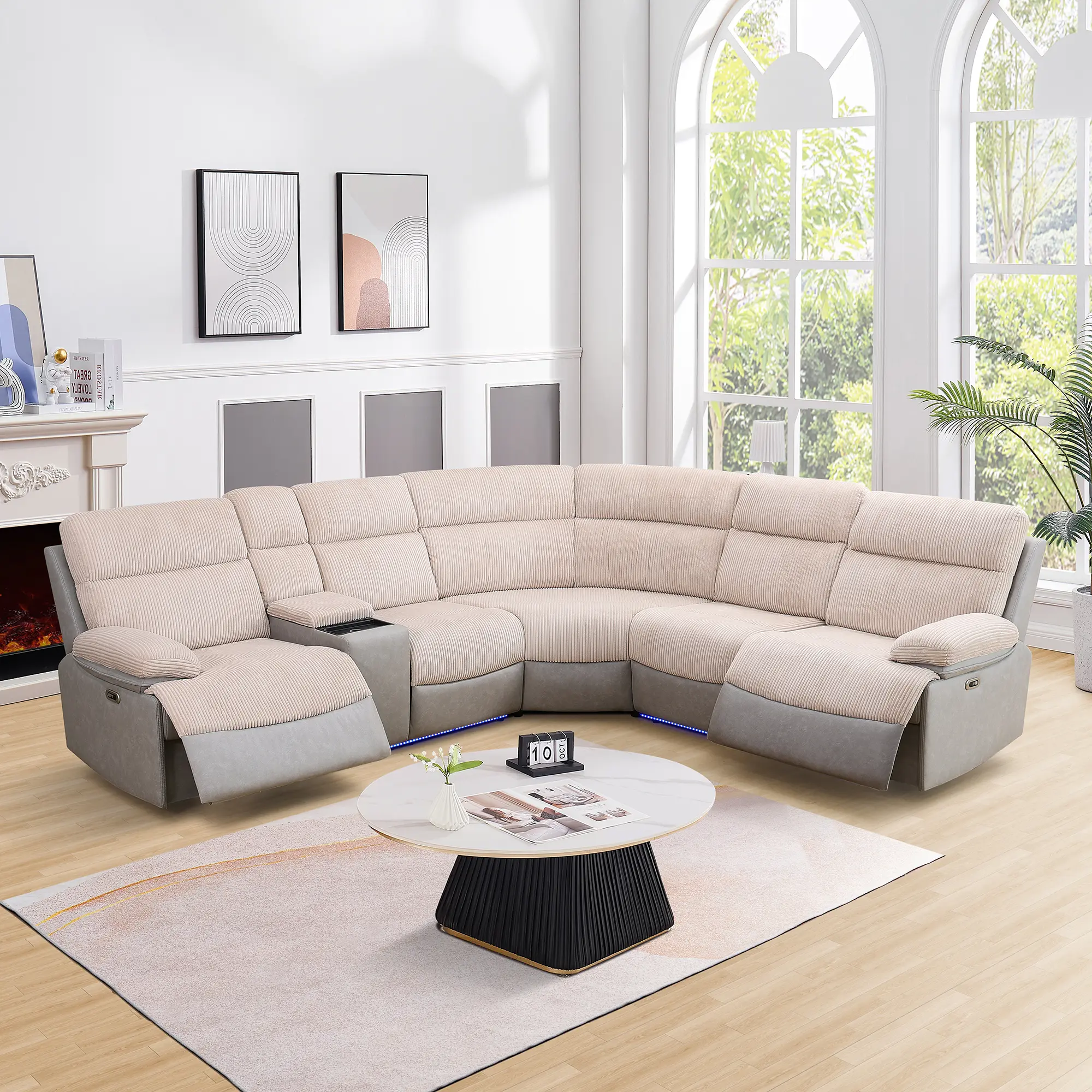 "65'' Modern Off-White & Grey Striped Sofa Set, 3-Piece Fabric Upholstered Couch, High-End Art Deco Style Living Room Furniture"