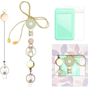 Colorful ID Badge Holder with Beads Lanyard Set - Cute Retractable Badge Reel Holder for Women, Nurse & Teacher - Green Daisy