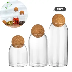 3 pieces of glass storage jars with spherical cork stoppers, decorative round glass jars, wooden spherical lids, dimensions: 500 ml / 17 oz, 800 ml / 27 oz, 1000 ml / 34 oz, suitable for kitchen food, coffee beans, candies