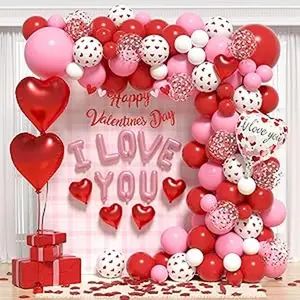 Valentines Day Balloons Arch for Valentine's Day Decorations - Red White Pink Balloons Different Sizes Valentines Day Balloon Garland with Heart & I LOVE YOU Foil Balloons Happy Valentine's Day Banner