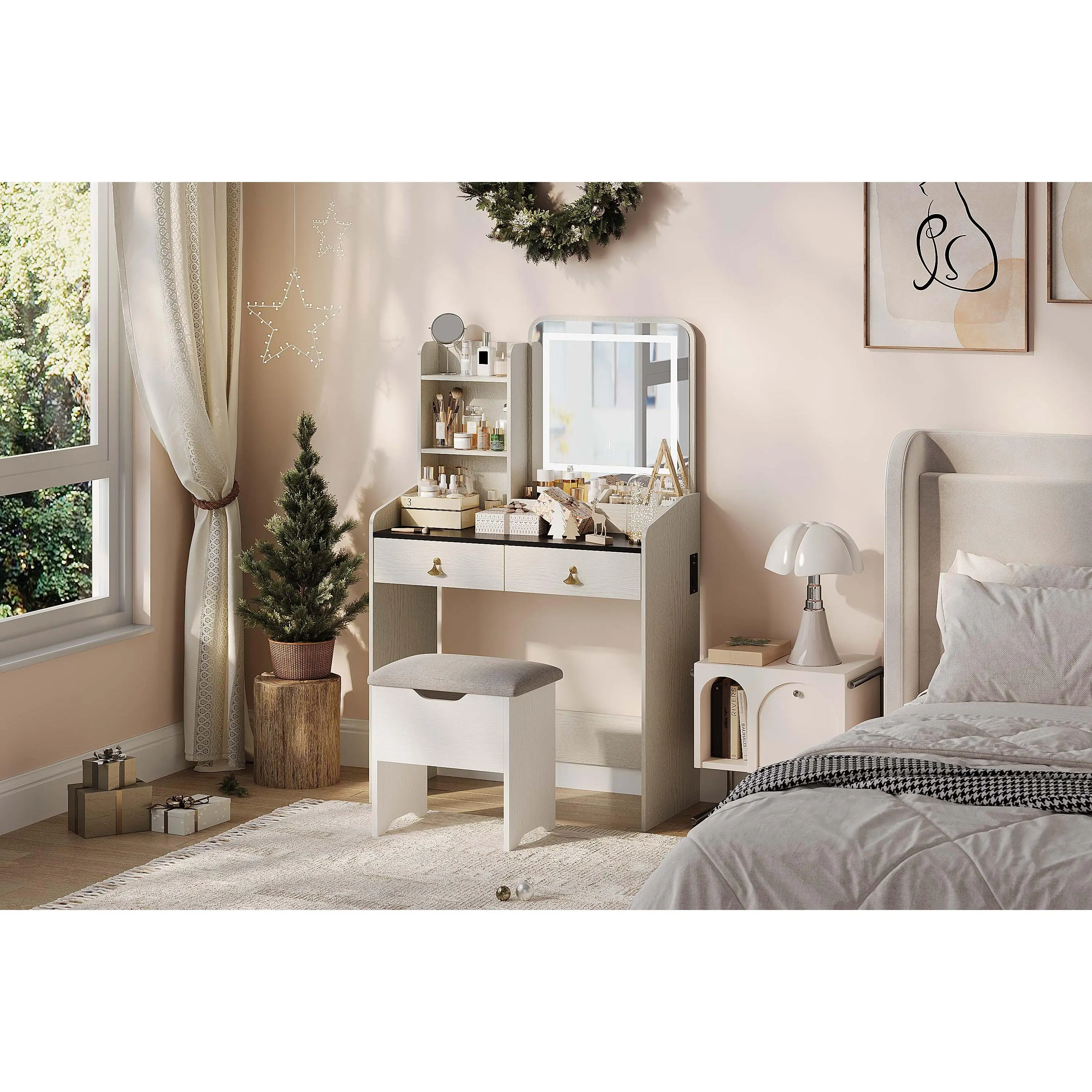 Modern Makeup Vanity Desk Set with LED Lighted Mirror and Charging Station – 2 Drawers, 4 Open Shelves, Cushioned Storage Stool – Compact Dressing Table for Bedroom or Apartment
