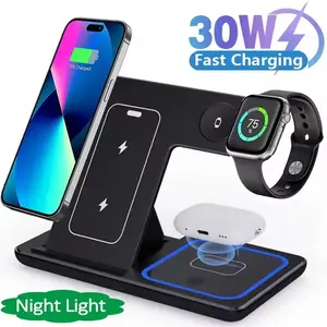 30W LED Fast Wireless Charger Stand 3 in 1 Foldable Charging Station for iPhone 15 14 13 12 11 Apple Watch 9 8 7 6 5 AirPods Pro with Night Light