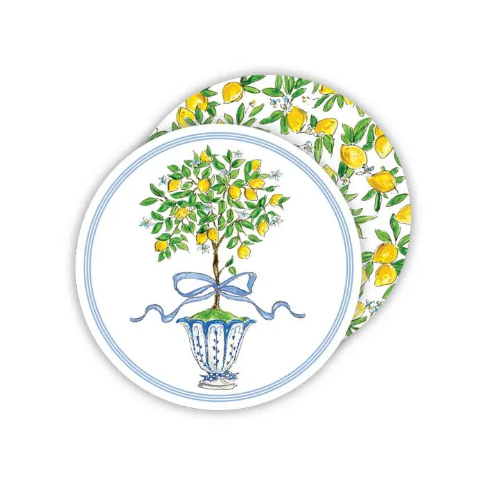 Handpainted Lemon Topiary in Chinoiserie Pot Round Coaster