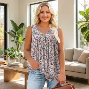 ROSRISS Women's Plus Size V-Neck Loose Fit Pleated Henley Sleeveless Tank Shirt - Summer Casual Soft Fabric Button Tee with Prints (2103) [Flash Sale] - Outdoor Style Clothes