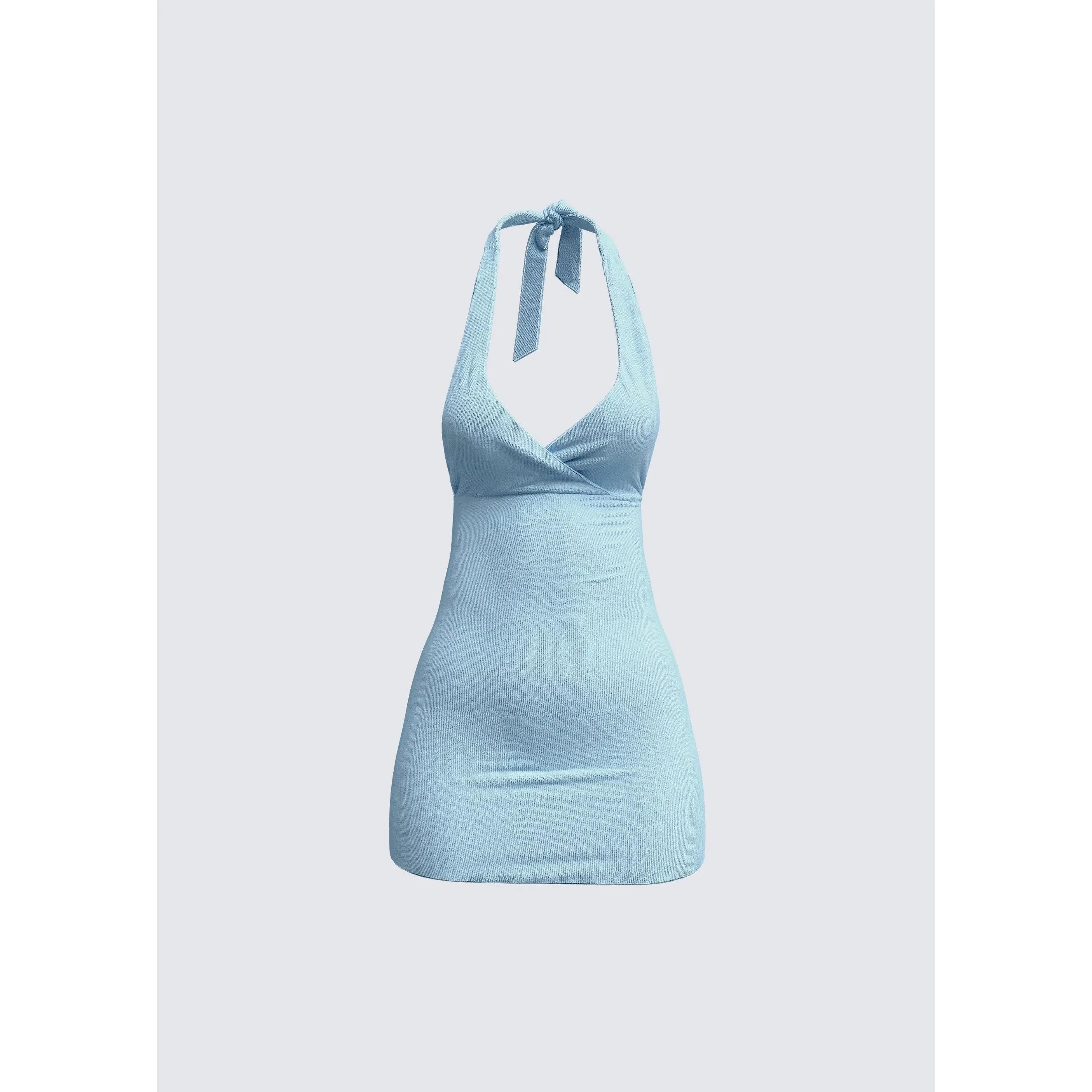 Women's Dani Blueberry Spandex Wrap Bodycon Dress - Sleeveless, Surplice Cut, Halter Neck, Self-Tie, Fit Casual Womenswear, Tie-Up, Acetate, Xs