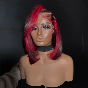 Red Highlight Burgundy Bob Wig Human Hair 180 Density 13x4 Highlight Red 99J Lace Front Wigs Transparent Lace Frontal Straight Short Bob Wig Human Hair Wigs Pre Plucked for Women