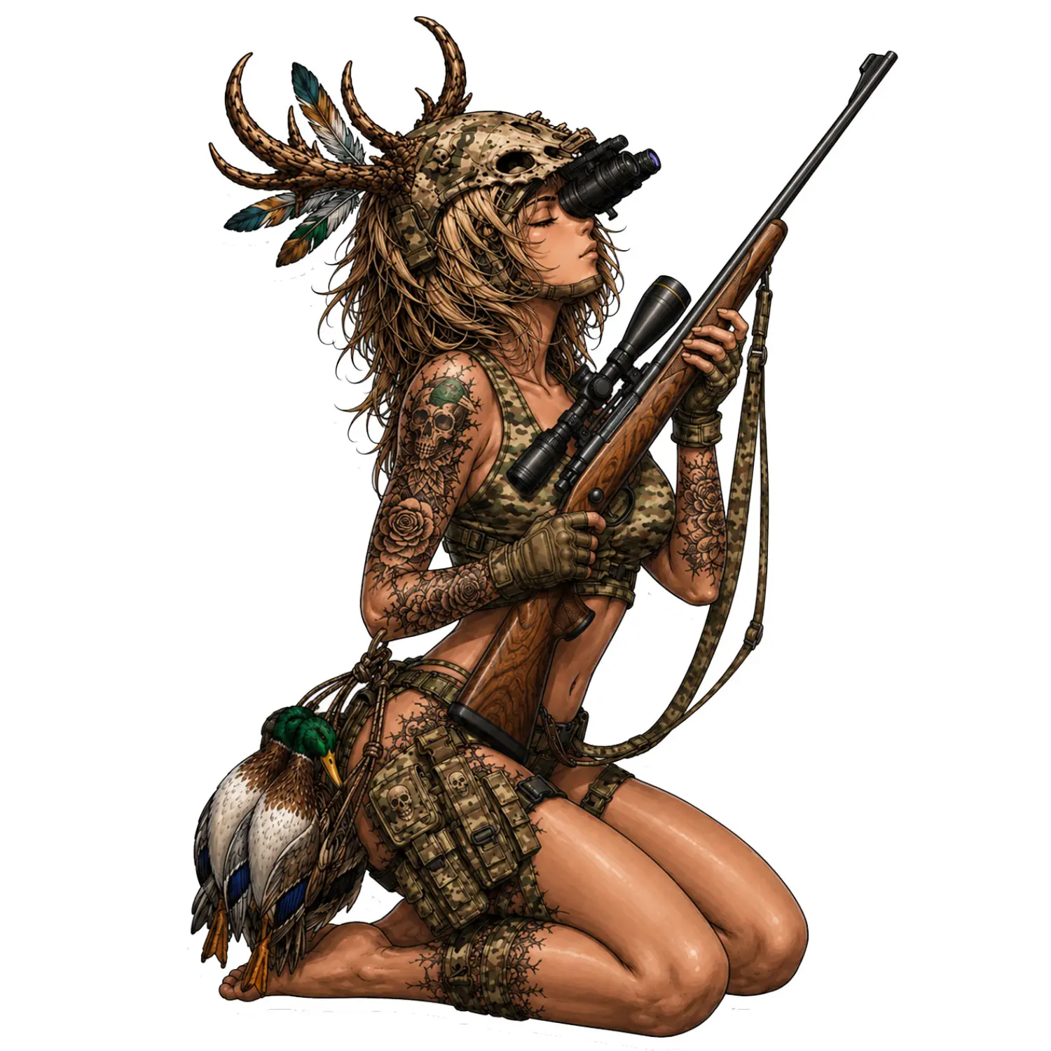 Camo Duck Hunter Girl Sticker, Woodland Waterfowl Hunting Art, Detailed Outdoor Decal for Laptop Tumbler Car Window, Rustic Gift for Hunters