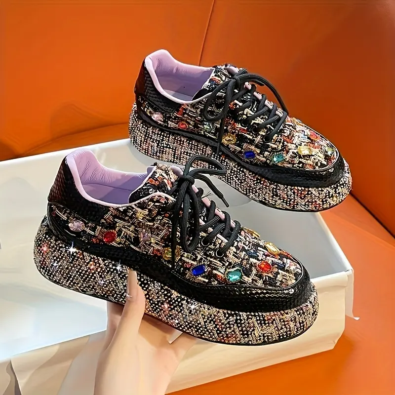 Women's Closed Sparkling Rhinestone Low-Top Lace-Up Casual