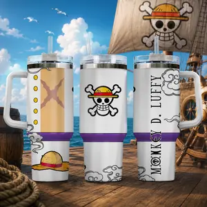 Luffi King Of Pirates 40oz Tumbler with Handle and Straw, Stainless Steel Vacuum Insulated Cup, OP Jolly Roger Skull Design, Anime Merch, Anime Tumbler