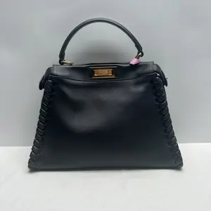 Pre-owned FENDI Calfskin Shoulder Bags Peekaboo Medium Lace Up Top Handle Black CPU1121