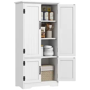 HOMCOM 48.5" Kitchen Pantry Cabinet with 2 Adjustable Shelves and 4 Beadboard Doors, Compact Farmhouse Kitchen Storage Cabinet for Dining Room, White