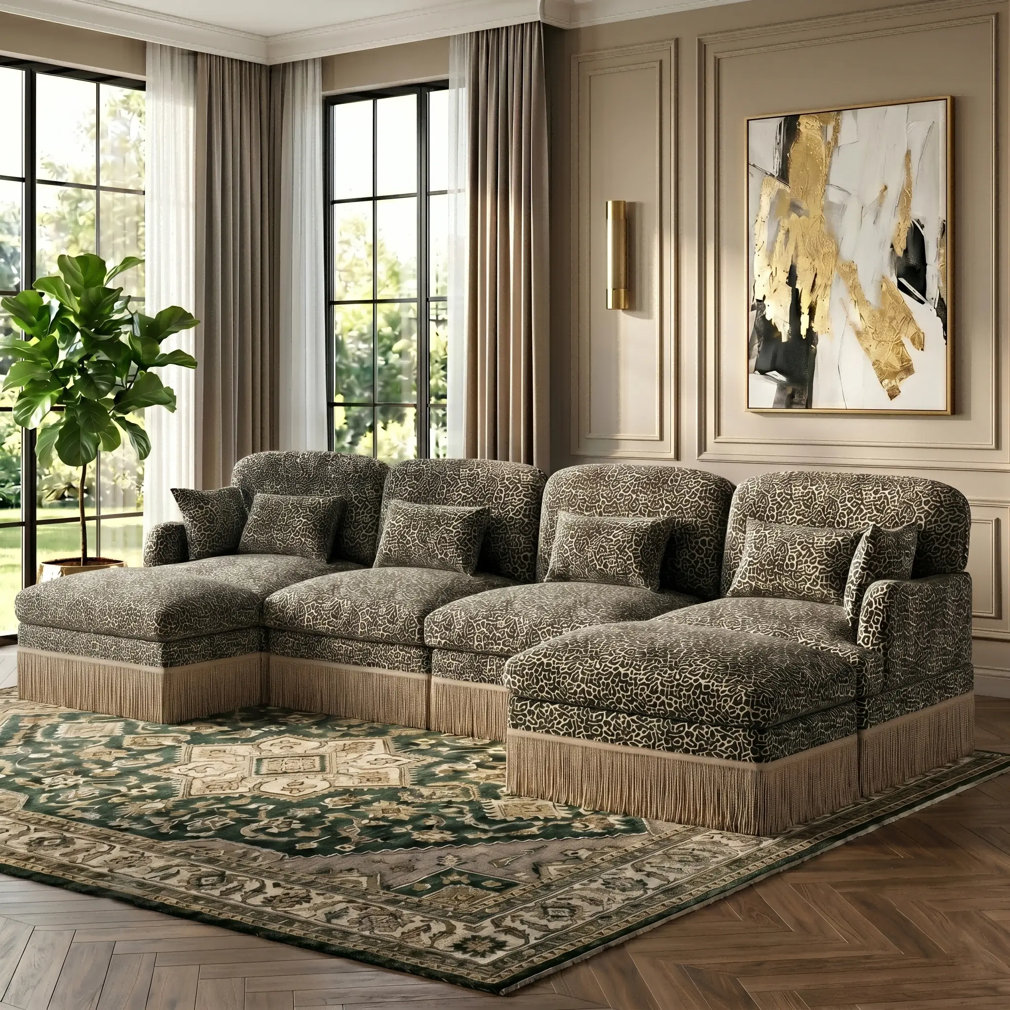 Eyisean 131.5-in Modern Modular U-Shaped Sectional Couch, 4-Seater Chenille Fabric Upholstered Sofa with Leopard Print, Tassel Edge, Lumbar Pillow & Ottomans for Living Room