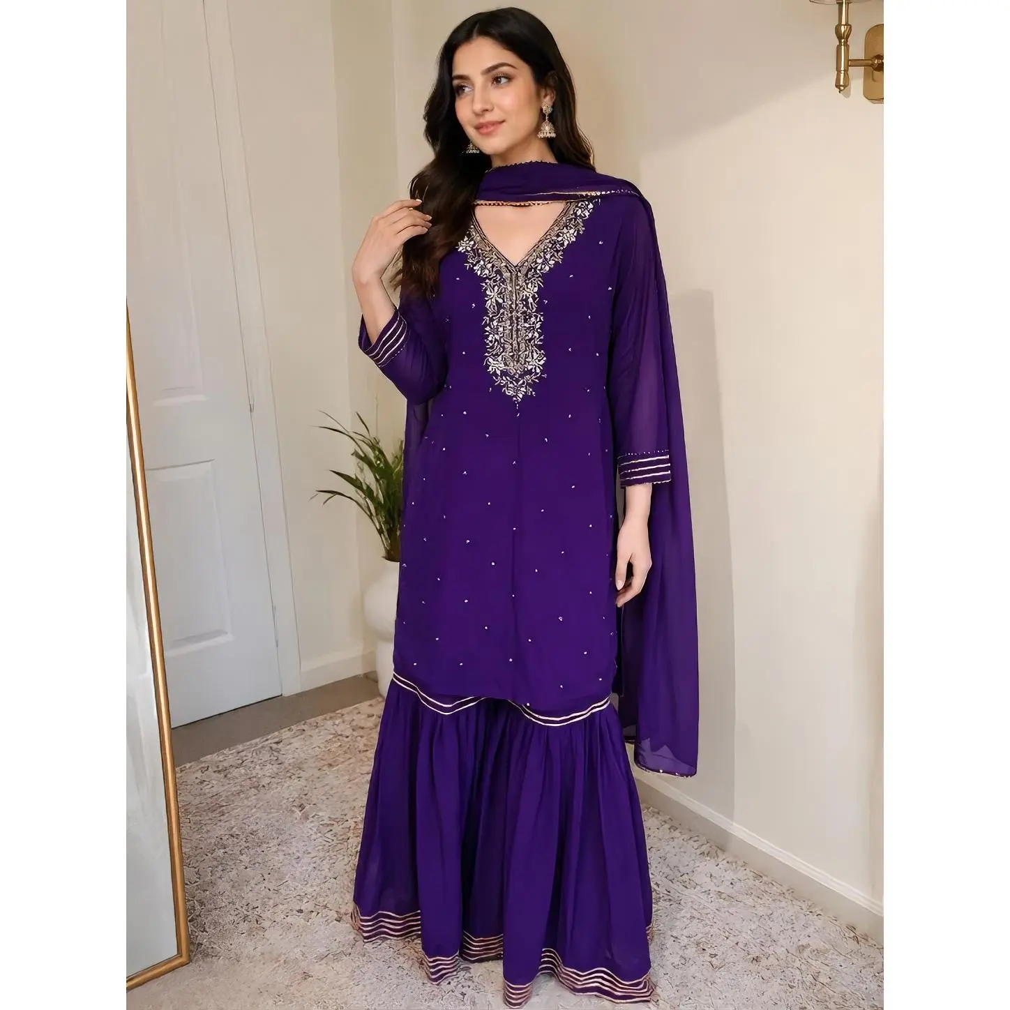 Women's Deep Purple Chiffon Gharara Suit - Traditional 3-Piece Attire with Embroidered Short Kurti, Flared Gharara Pants, Matching Dupatta/Scarf